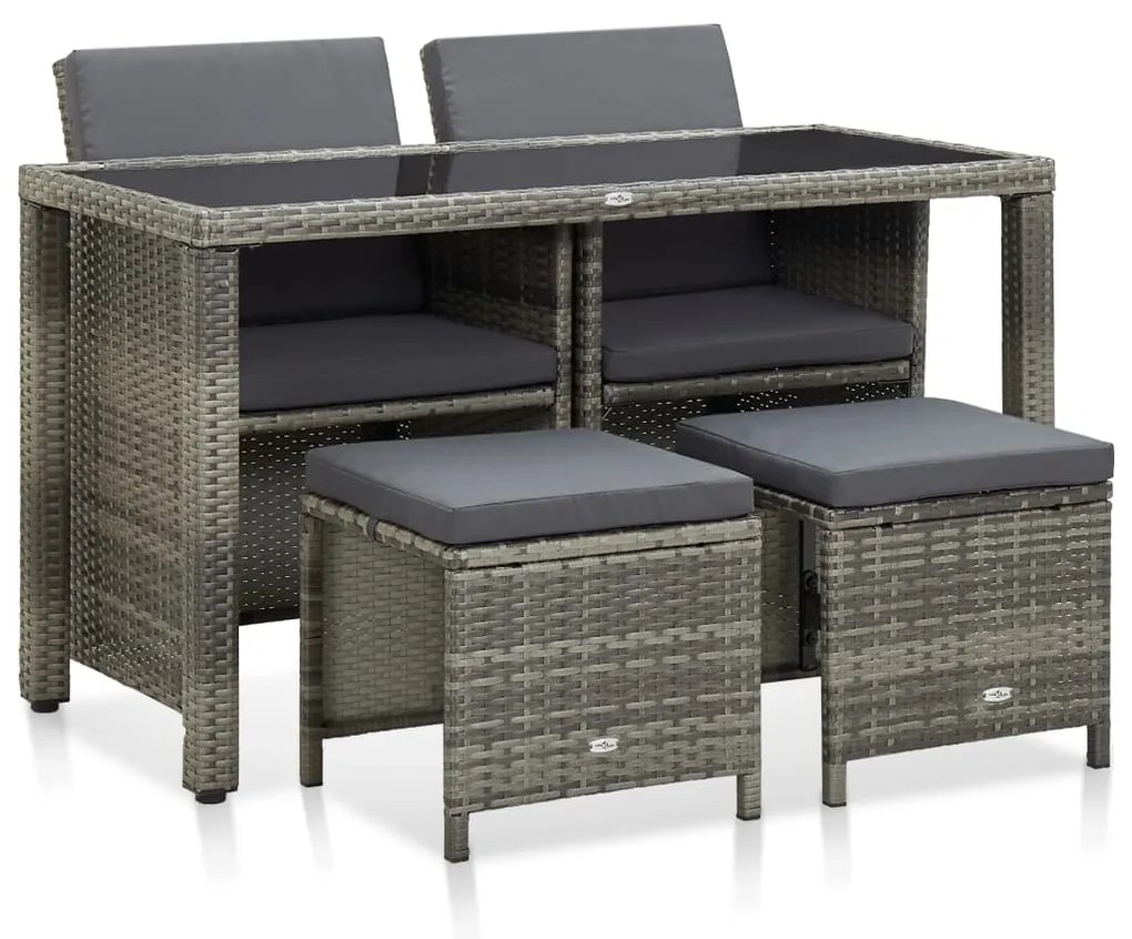 46535 vidaXL 5 pcs conjunto jantar exterior c/ almofadões vime PE cinzento