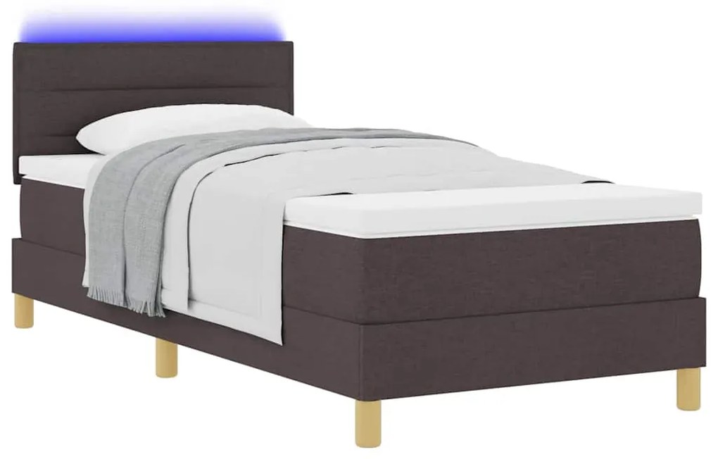 Cama Box Spring com Colchão &amp; LED Marrom Escuro 90x200 cm Tecido