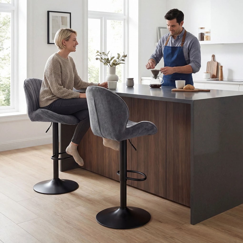 Conjunto de 2 Bancos de Bar, 50 x 48 x 115 cm, Altura Regulável, Cinzento
