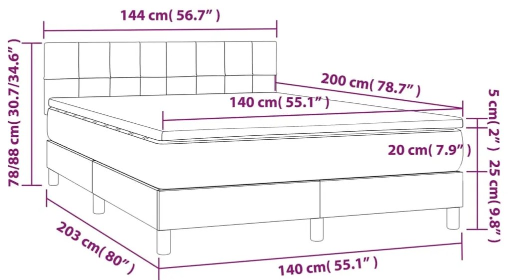 Cama box spring c/ colchão e LED 140x200 cm tecido cor creme