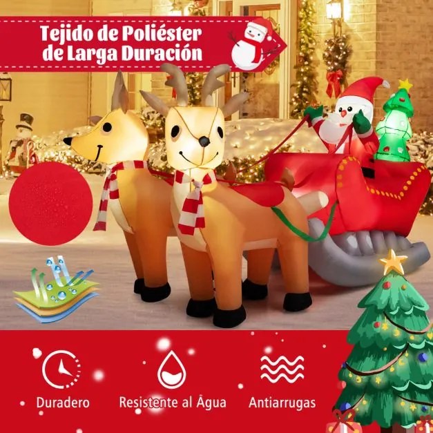 Árvore de Natal insuflável de 220 cm Pai Natal no trenó com 3 caixas de presentes Renas com luzes LED e árvore de Natal Decoração de Natal