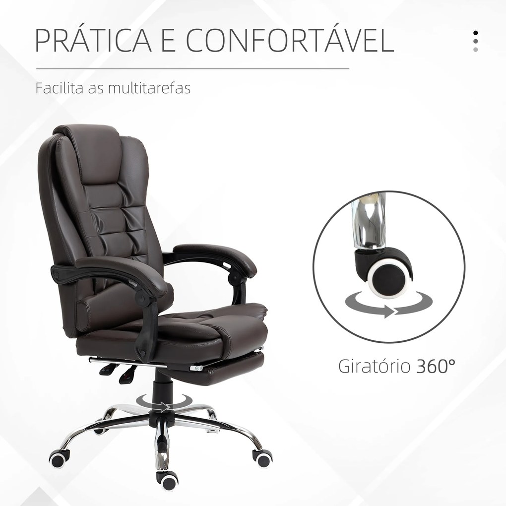 Cadeira de Escritório Reclinável Cadeira Executiva Giratória com Altura Ajustável Estofada em PU 64,5x69x109-117 cm Castanho