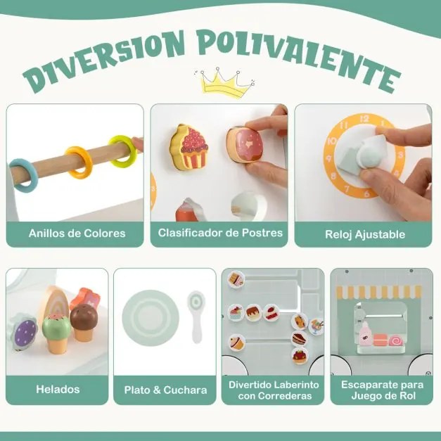 Andador 2 em 1 para bebés de madeira com arrumação Loja de doces para crianças com gelados, e labirinto Verde