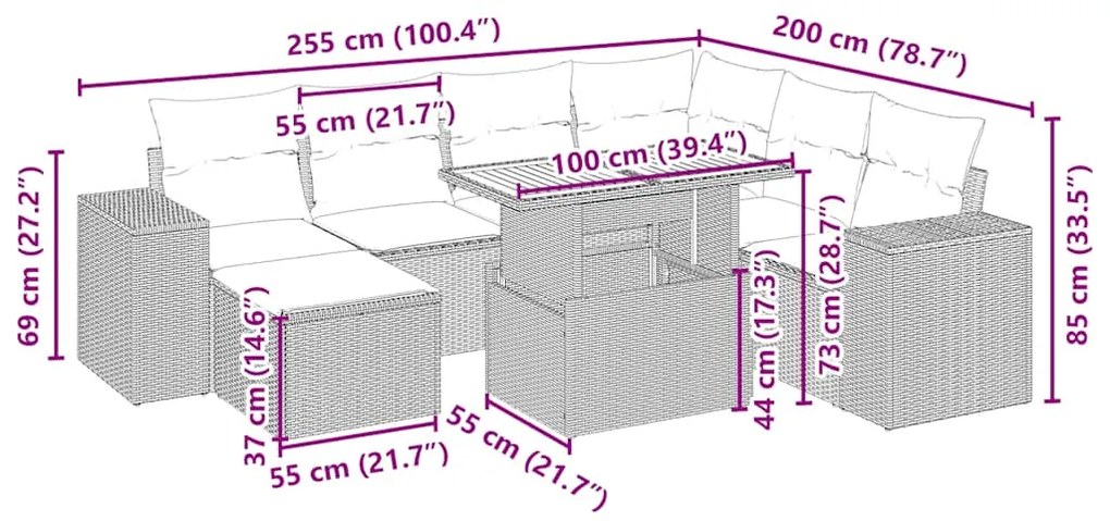 8 pcs conjunto de sofás p/ jardim com almofadões vime PE bege
