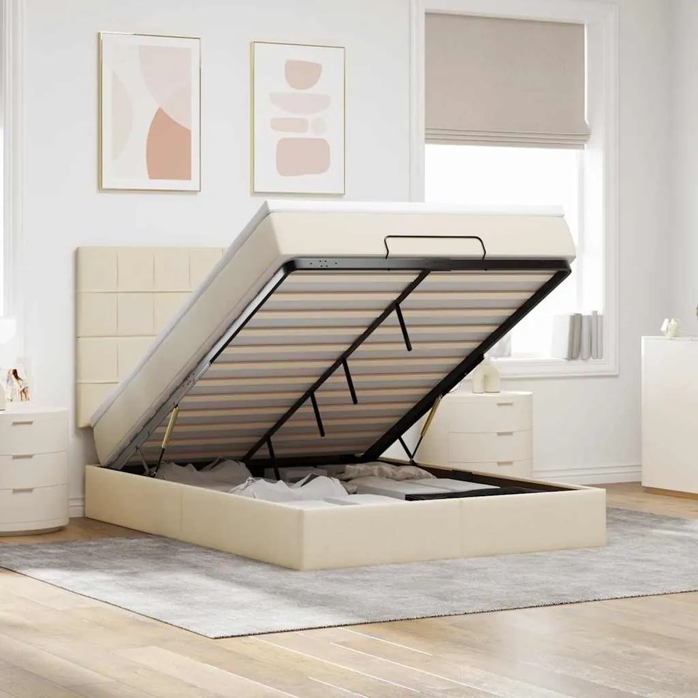 vidaXL Estrutura de cama otomana com colchão tecido creme 140x200cm