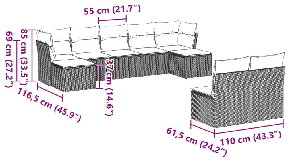 9 pcs conj. sofás jardim com almofadões vime PE cinzento-claro