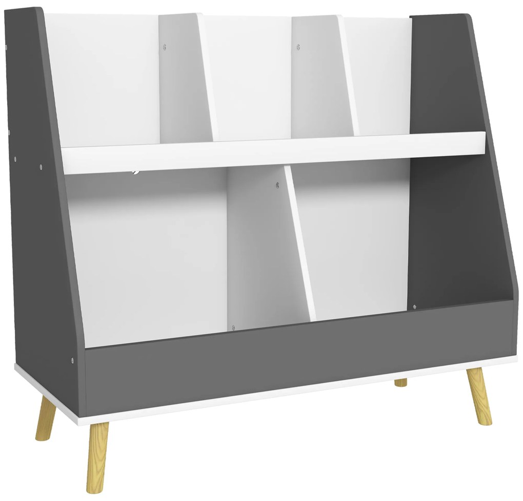HOMCOM Estante Brinquedos Infantil 2 Níveis 5 Compartimentos Madeira Pinho Armazenamento Sala Design Moderno 80x34x725 cm Cinza | Aosom Portugal