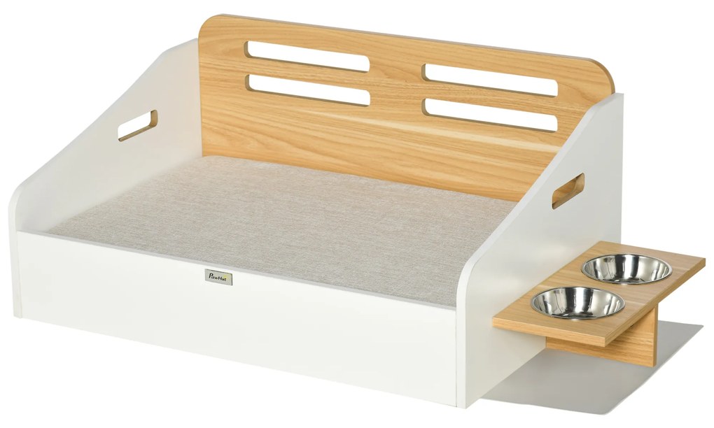 PawHut Cama de Madeira para Cães Gatos Sofá para Animais de Estimação Médios e Pequenos com Comedouro 100x56x39cm Natural e Branco | Aosom Portugal
