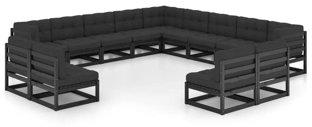 vidaXL 13 pcs conjunto longue jardim c/ almofadões pinho maciço preto