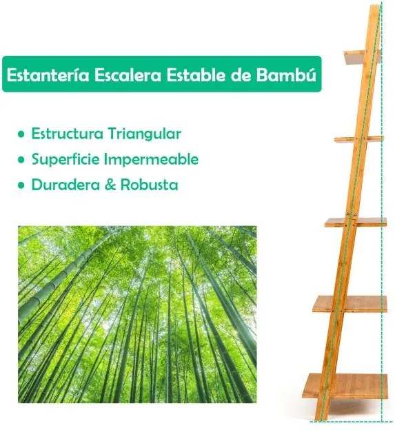 Estante forma de escada de bambu de 5 níveis para sala de estar/cozinha/escritório 43 x 35 x 165 cm Natural