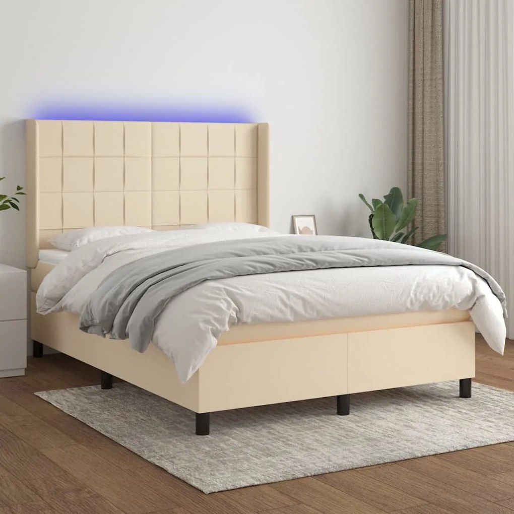 vidaXL Cama box spring c/ colchão e LED 140x190 cm tecido cor creme