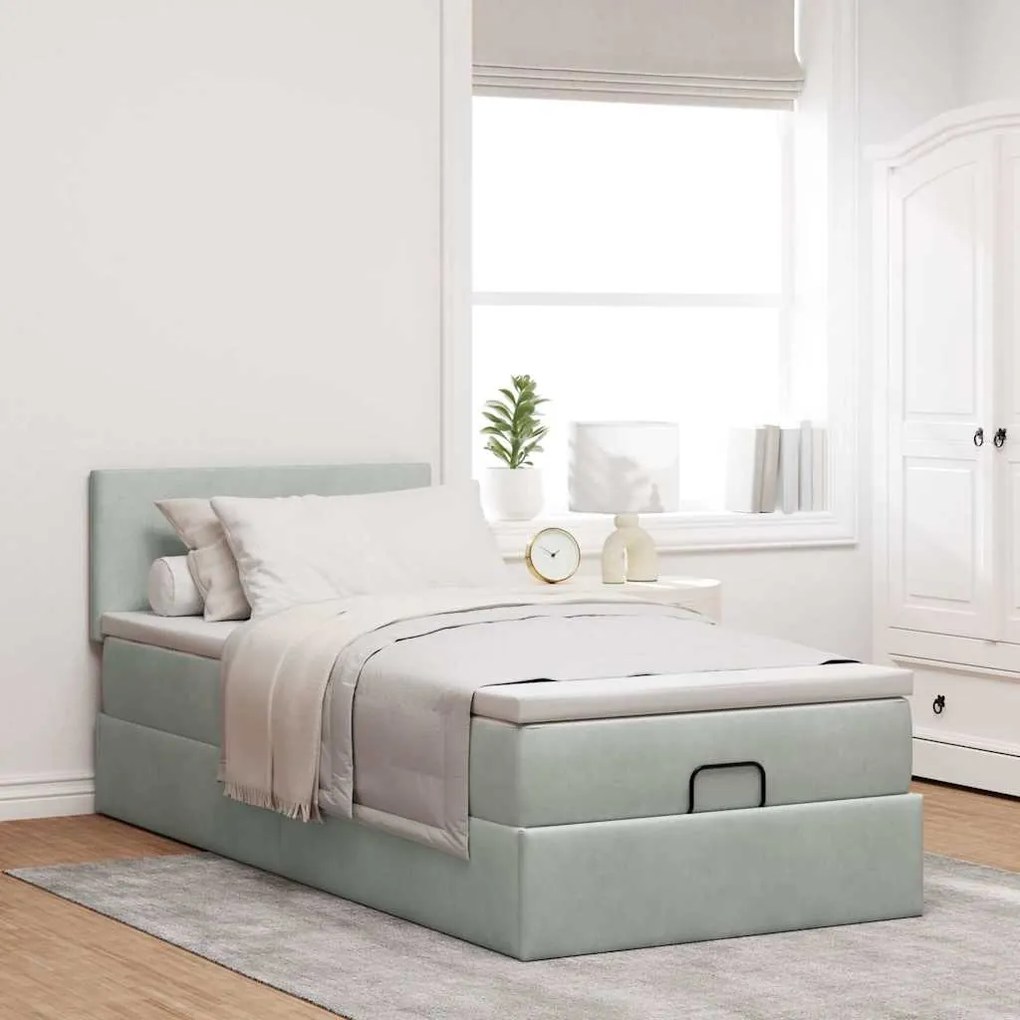 Estrutura cama otomana colchão 80x200 cm veludo cinzento claro