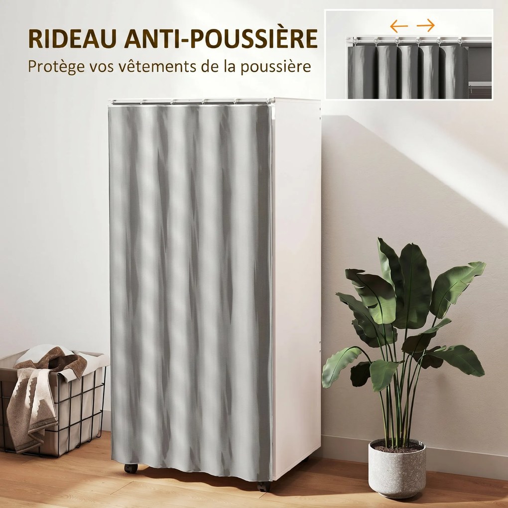 Guarda roupa pequeno de arrumação móvel com cortina 60 x 40 x 128 cm, varão para pendurar roupa, branco