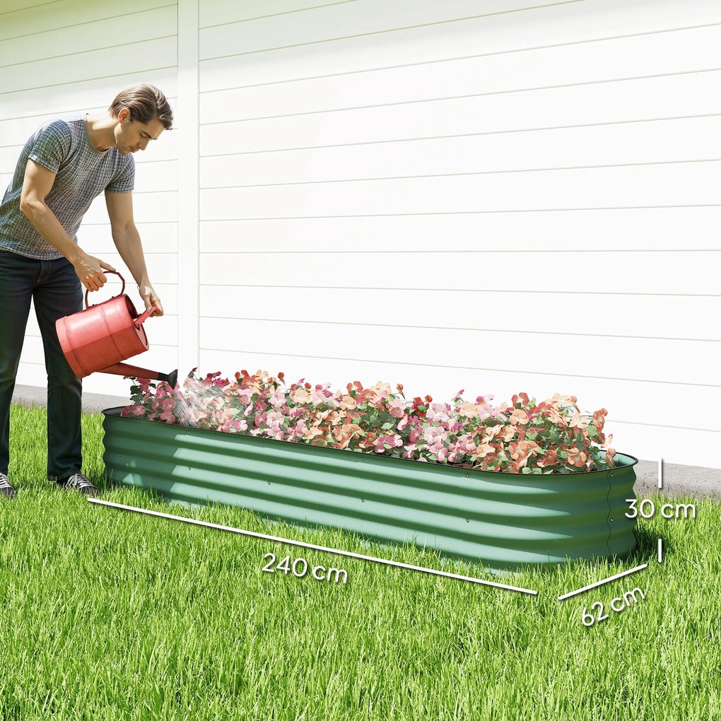 Floreira elevada de jardim em aço 240 x 62 x 30 cm, modular, para legumes, plantas e flores verde