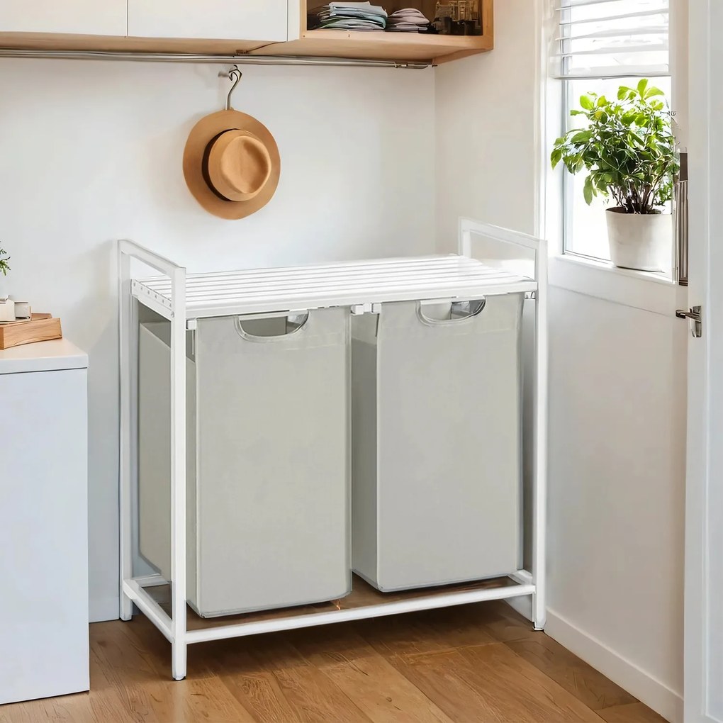 Cesto para roupa suja com 2 compartimentos e uma prateleira 73 x 33 x 72 cm branco
