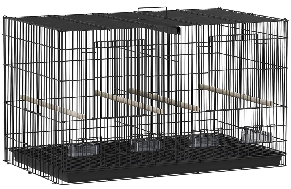 PawHut Gaiola para Pássaros com Divisória com Comedouros Poleiros e Bandeja Removível 94x57x57 cm Preto