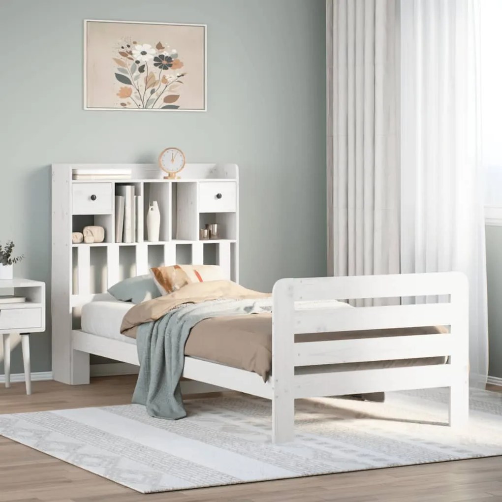 vidaXL Cama com estante sem colchão 90x200 cm pinho maciço branco