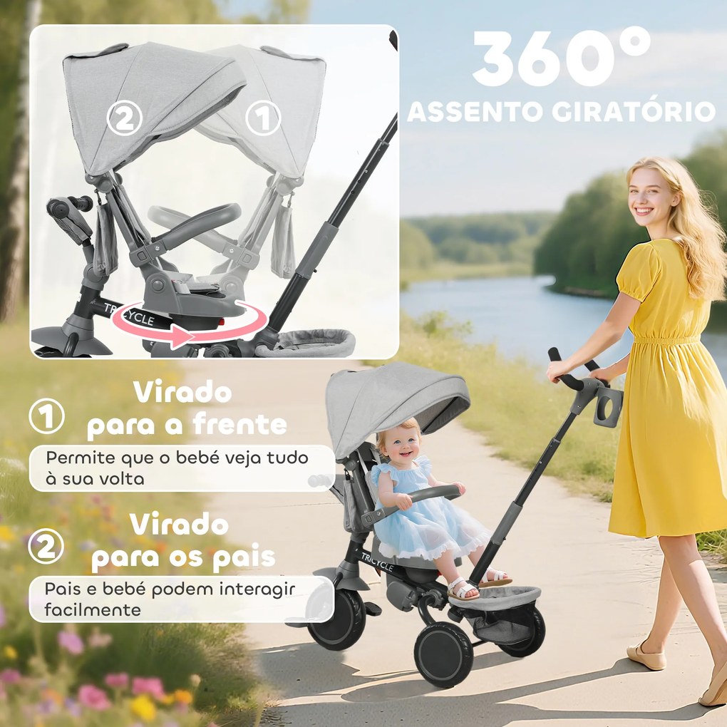 Triciclo Evolutivo 6 em 1 Dobrável Assento Giratório de 360° Guidador Parental Encosto Reclinável Toldo 111,5x52x98 cm Cinza