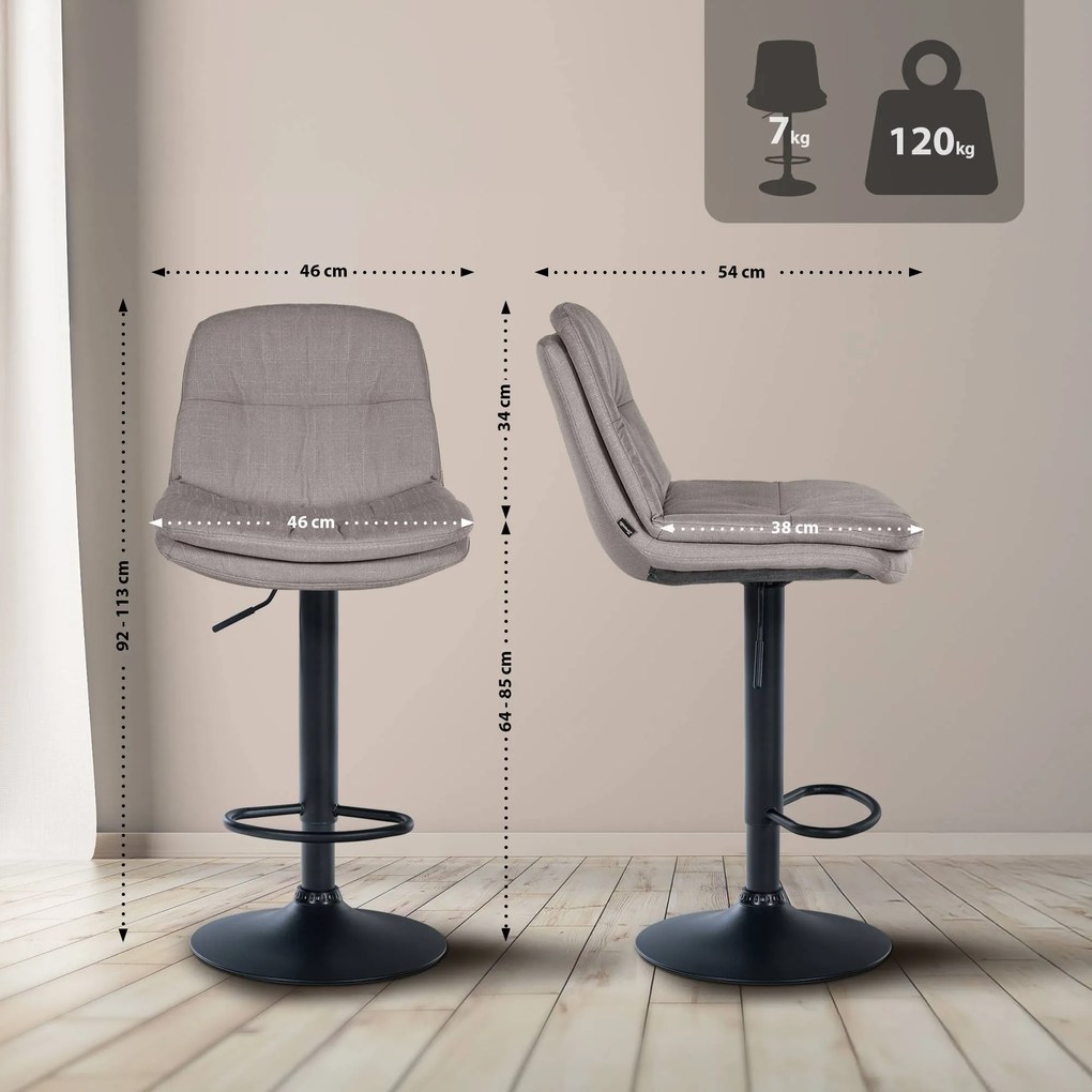 Banco de bar em tecido com estrutura preta 92-113 x 46 x 54 cm cinzento