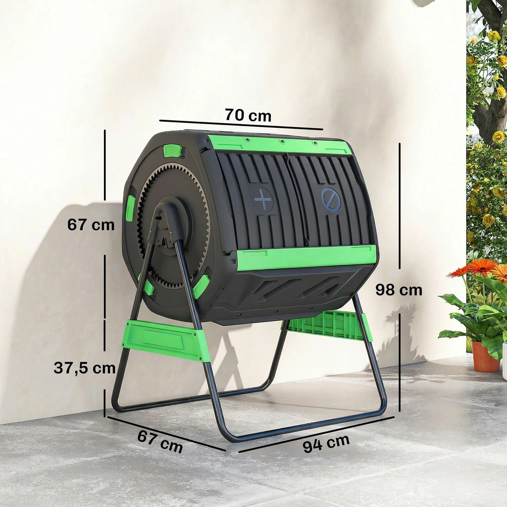Compostador Giratório 200L com Sistema de Ventilação e Base Metálica para Compostagem de Resíduos Orgânicos Verde