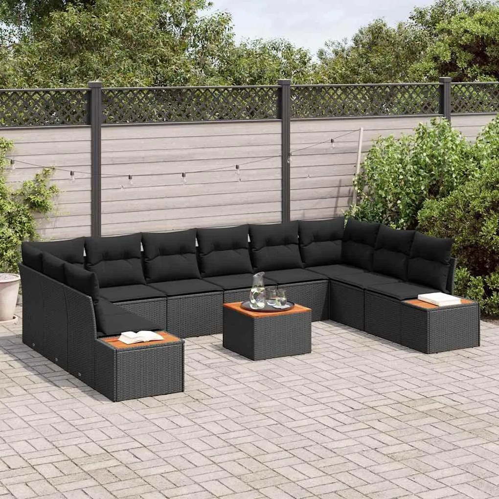 Conjunto de Sofá de Jardim vidaXL com 11 Peças e Almofadas Preto de Ra