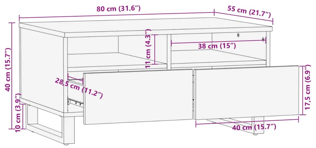 Mesa de centro 80x55x40 cm madeira de mangueira áspera maciça