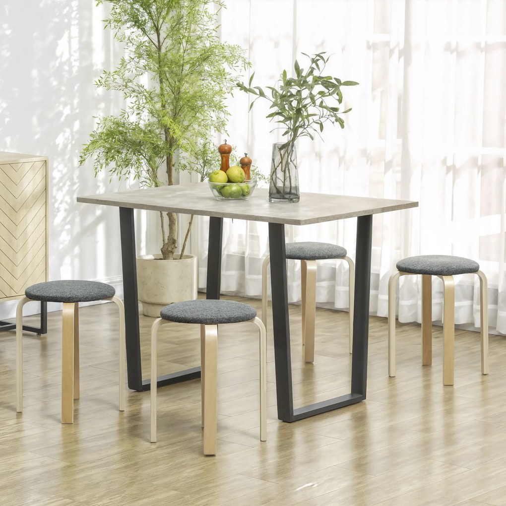 Conjunto de 4 Bancos Empilháveis Redondos (MESA NÃO INCLUIDA) Bancos Baixos de Cozinha com Assento Acolchoado Ø40x45 cm Cinzento e Madeira