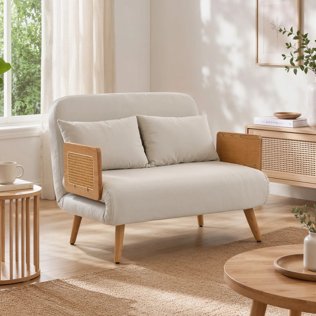 Sofá-cama de 2 lugares pequeno 103 L x 78 P x 82 A cm, 3 em 1 em chenille de 103 cm, encosto ajustável, 2 almofadas, braços em madeira, creme