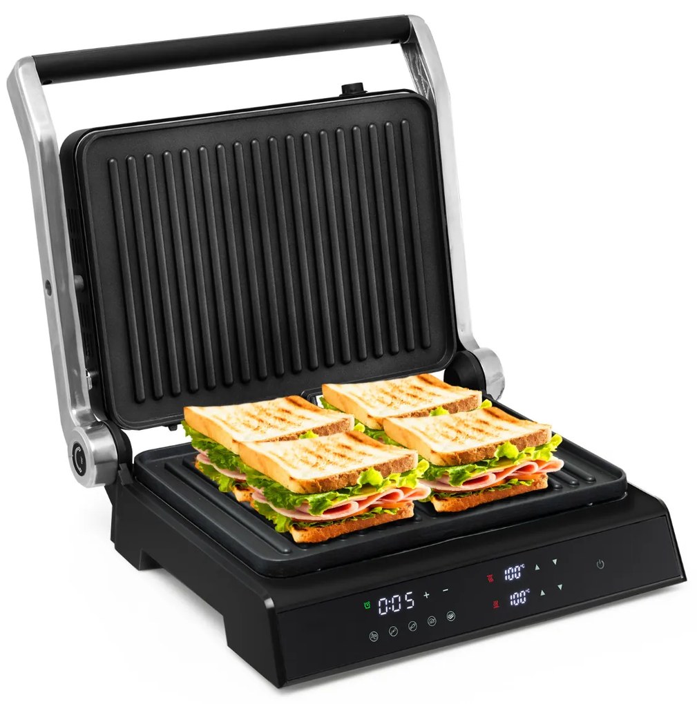 Grelhador Panini Elétrico 1800-2000W 3 em 1 Sanduicheira Abertura 180º Folhas Antiaderentes Controle de Temperatura Temporizador 35 x 30 x 14 cm Preto