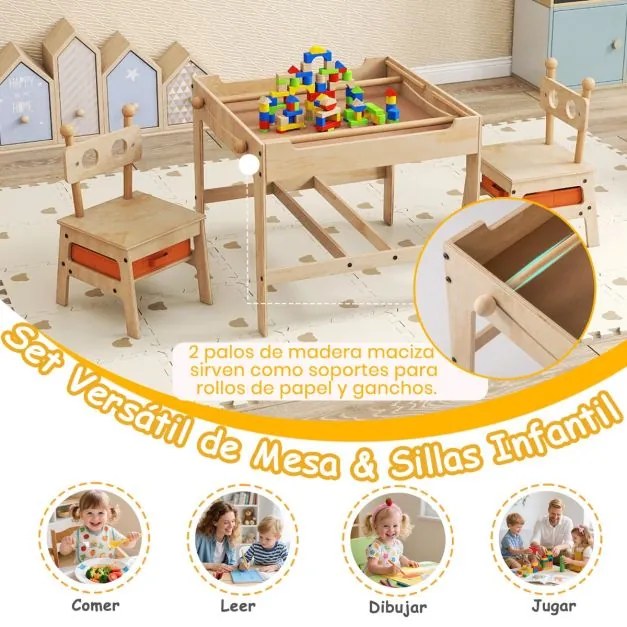Conjunto de mesa e 2 cadeiras infantil 4 em 1 com quadro branco reversível e giz 2 gavetas de armazenamento de madeira Robot