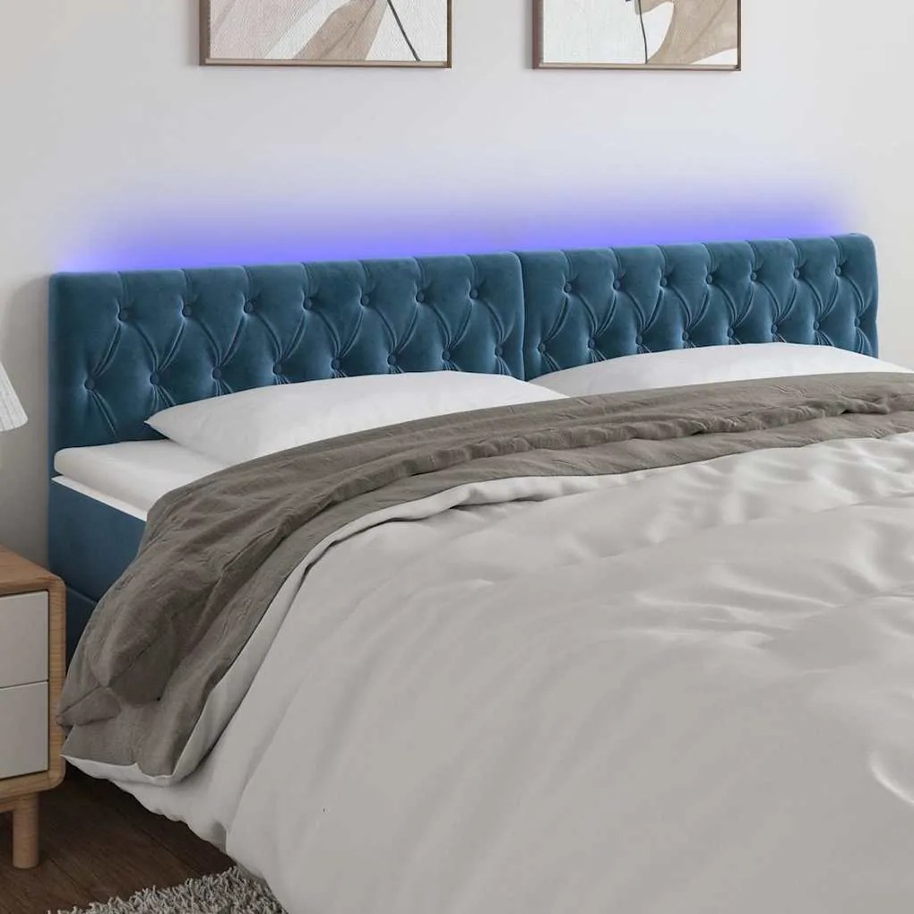 Cabeceira de cama c/ luzes LED veludo 180x7x78/88cm azul-escuro