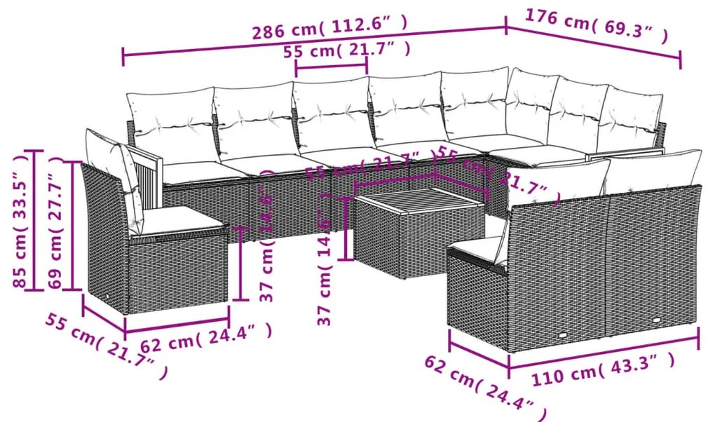 11 pcs conjunto sofás de jardim c/ almofadões vime PE cinzento