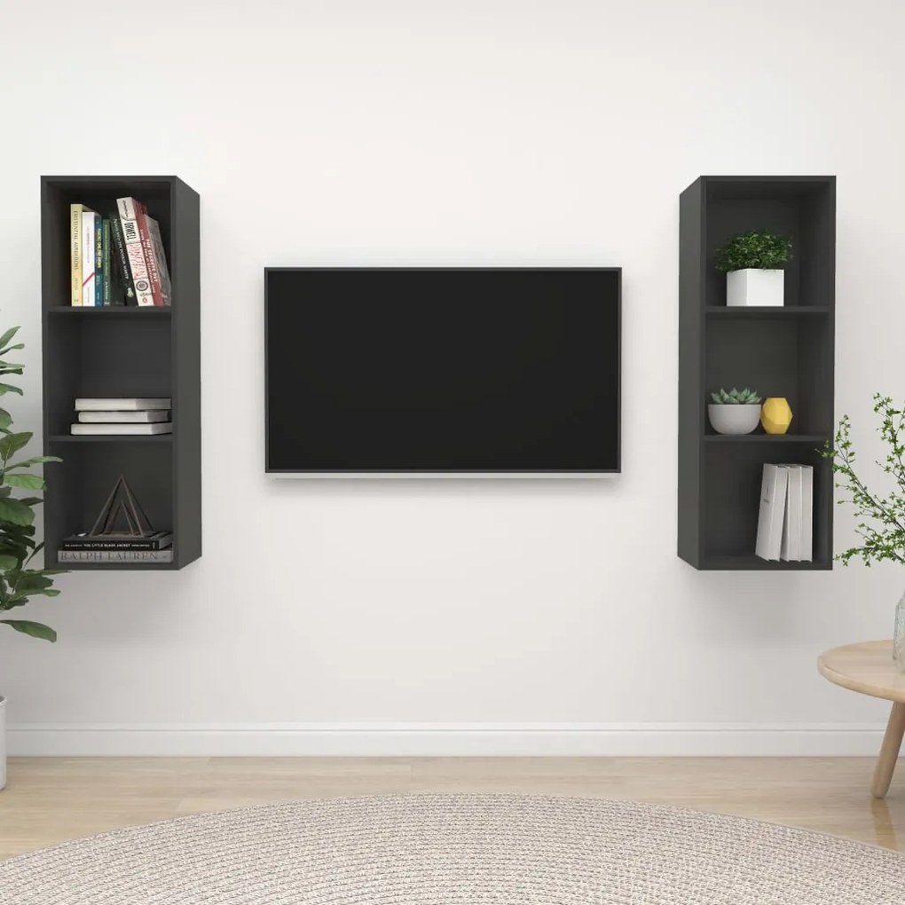 vidaXL Armários de parede para TV 2 pcs derivados de madeira cinzento