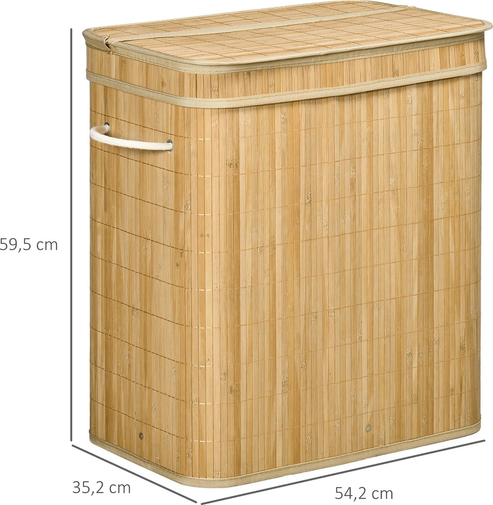 Cesto de Roupa Suja 90L em Bambu com 2 Compartimentos Alças e Bolsa Interna Removível 54,2x35,2x59,5 cm Madeira