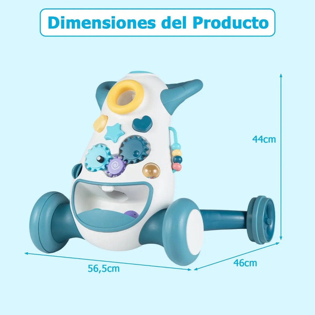 Andador Montessori para Bebés com Música Luzes Classificador Formas Engrenagens Giratórias Azul