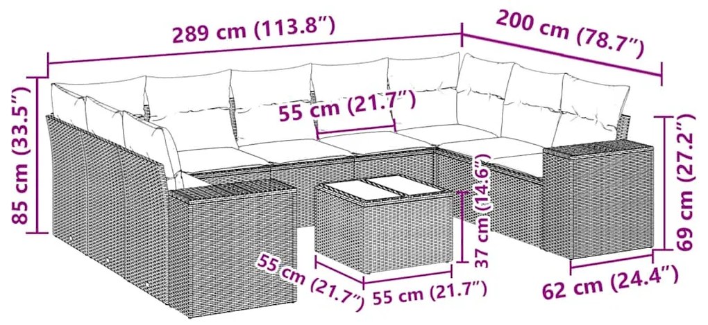 10 pcs conjunto sofás de jardim c/ almofadões vime PE preto