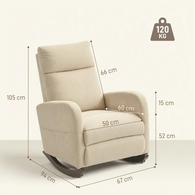 Cadeira de Baloiço de Veludo com Encosto Alto Pés de Madeira Bolsos Apoios de Braços Estilo Moderno 67x94x105 cm Bege