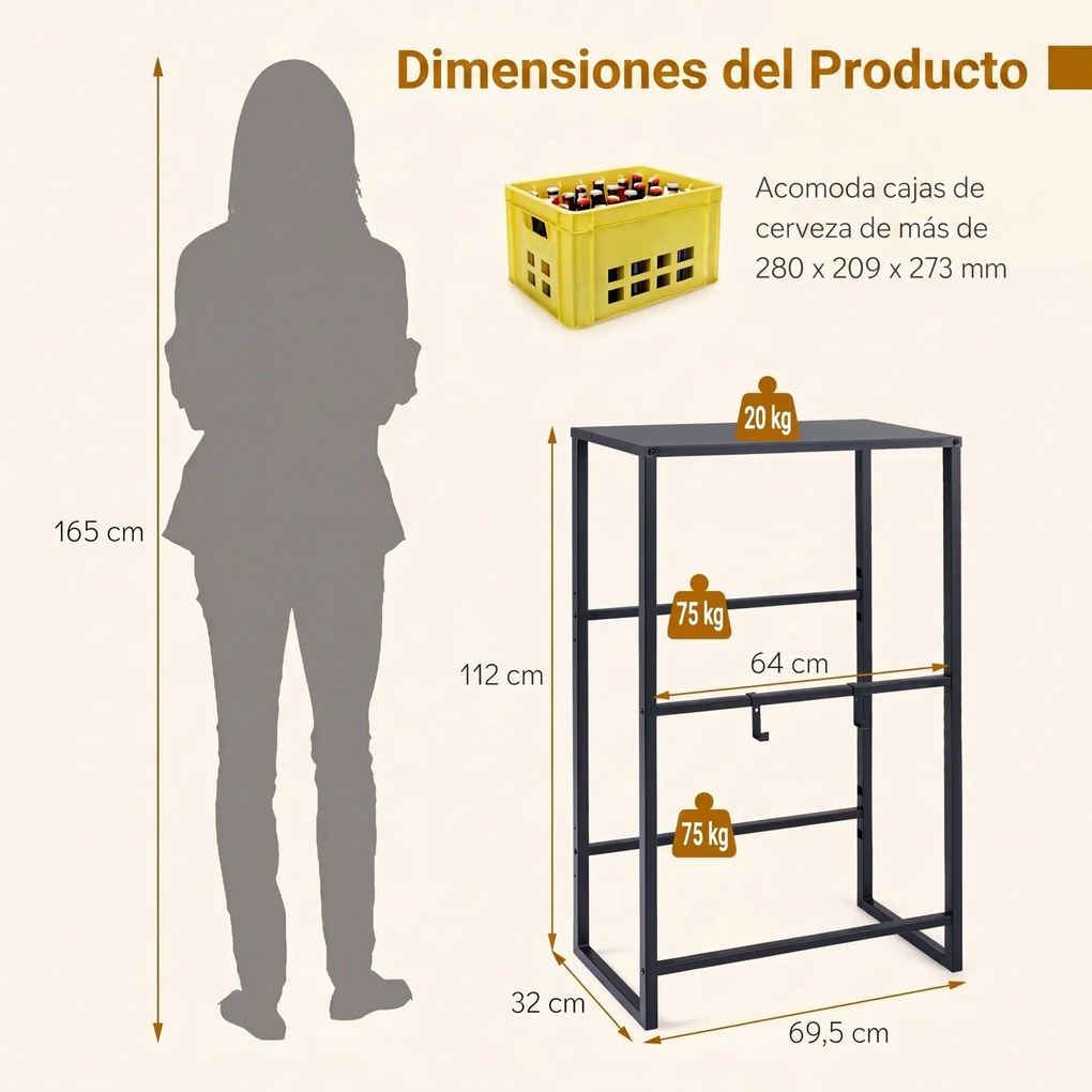 Estante para Caixas de Armazenamento, 69,5 x 32 x 112 cm, Inclinação Ajustável em 3 Posições, Preto