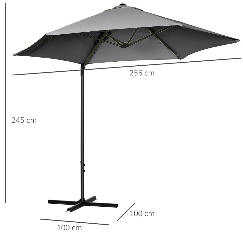 Chapéu de Sol de Jardim Ø256x245cm Chapéu de Sol Excêntrico Rotação 360° com Abertura Manual e Base Cruzada para Pátio Varanda Exterior Cinza Escuro