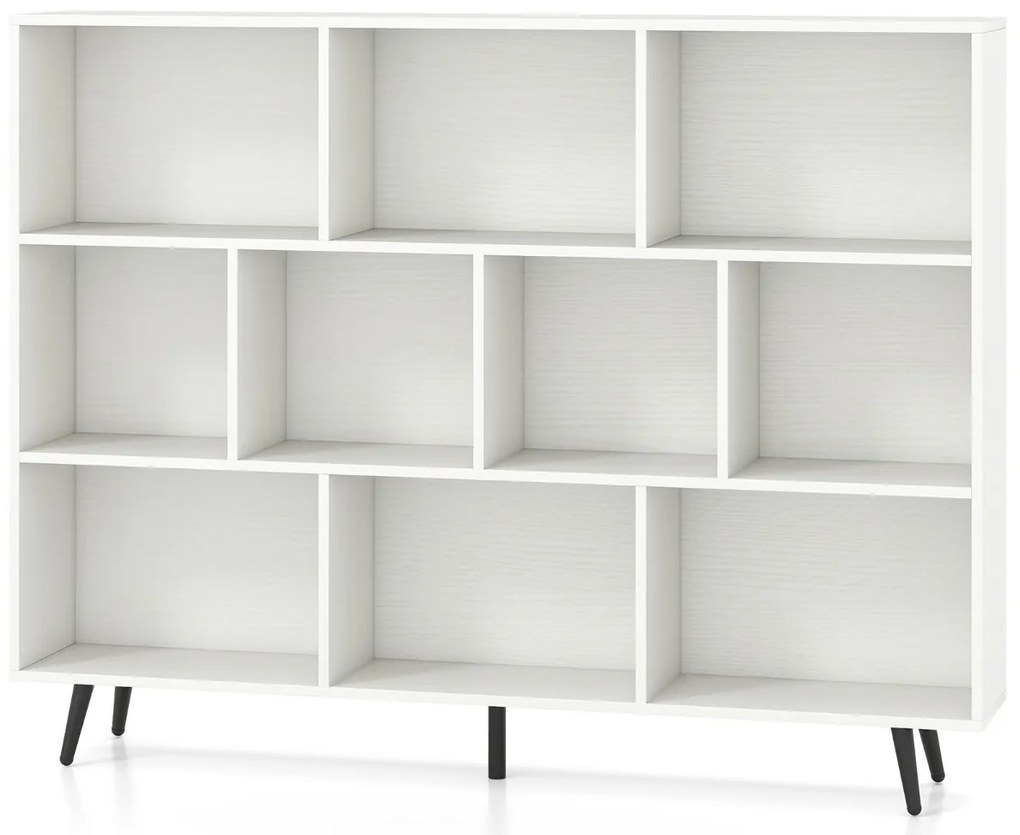 Estante de 3 níveis com 10 cubos, 4 pés de metal e dispositivo anti-capotamento para sala de estar ou escritório 100 x 24 x 107 cm branco
