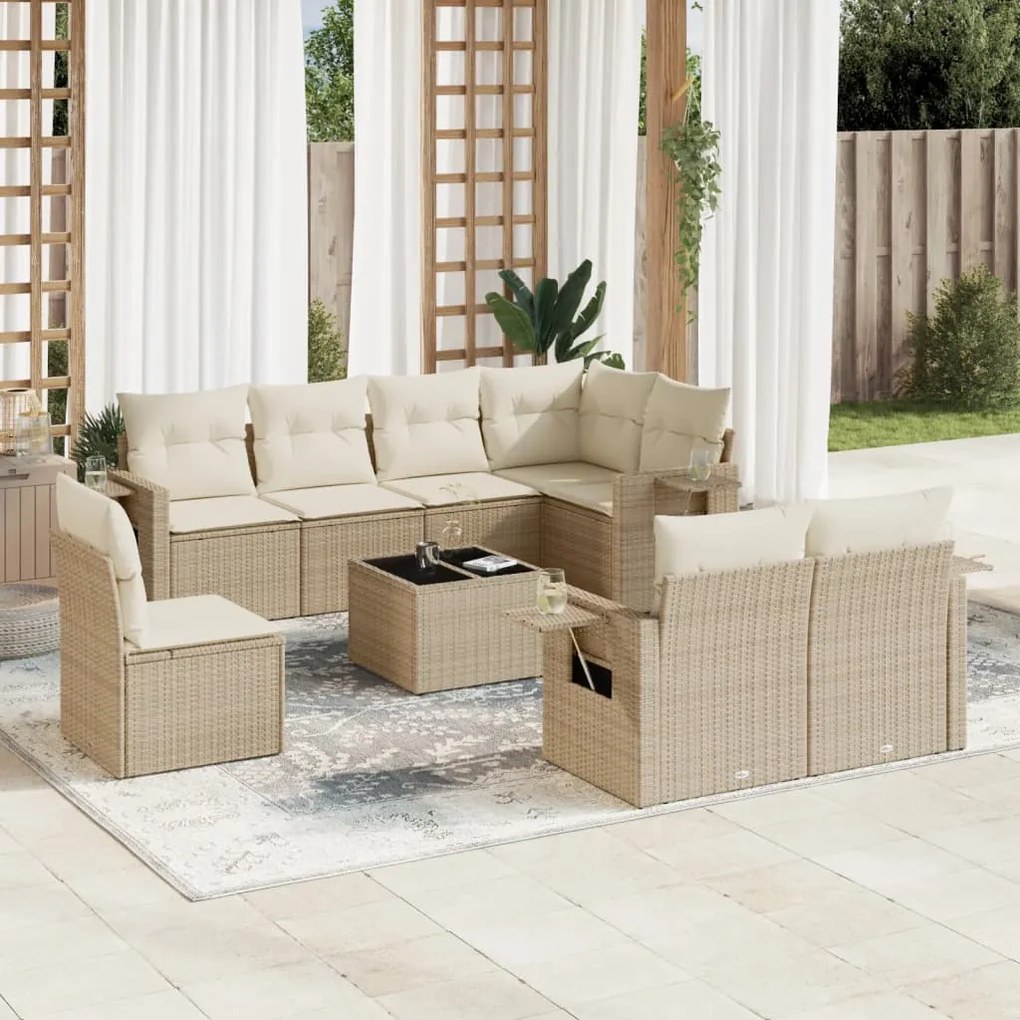 vidaXL 9 pcs conjunto de sofás p/ jardim com almofadões vime PE bege