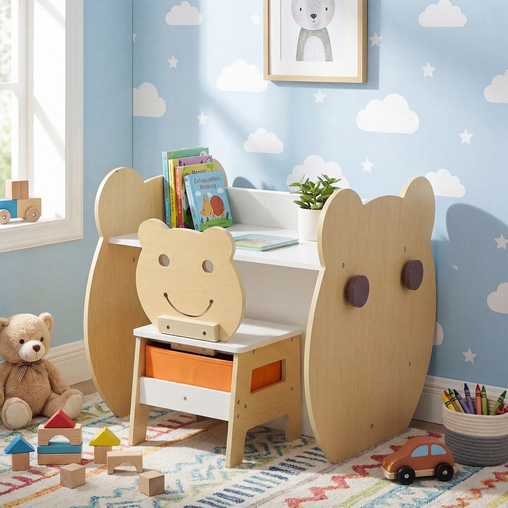 Mesa e cadeira infantil 3 em 1 com tema de urso, secretária infantil com quadro de giz de dupla face, estante, ganchos e gaveta, para crianças dos 3 a
