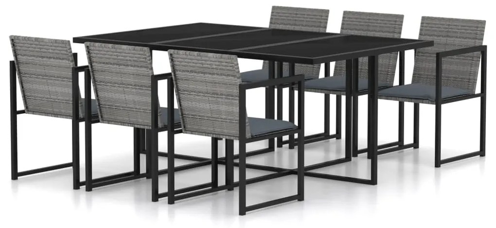 7 pcs conjunto jantar exterior com almofadões vime PE cinzento
