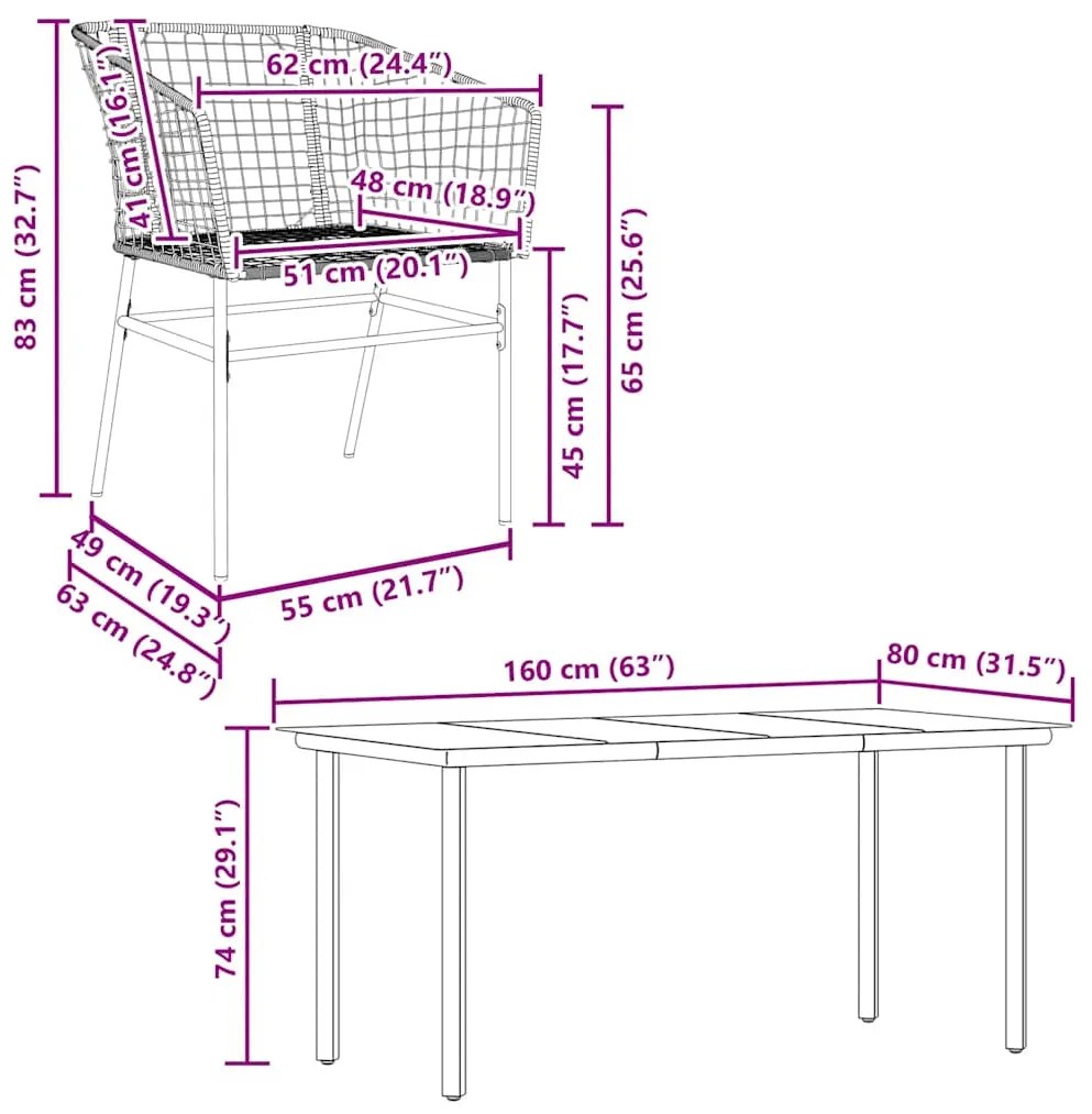 Conjunto de jantar jardim 5 peças vidro vime PE preto