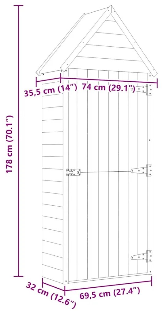 Abrigo ferramentas jardim porta 69,5x32x178cm pinho impregnado