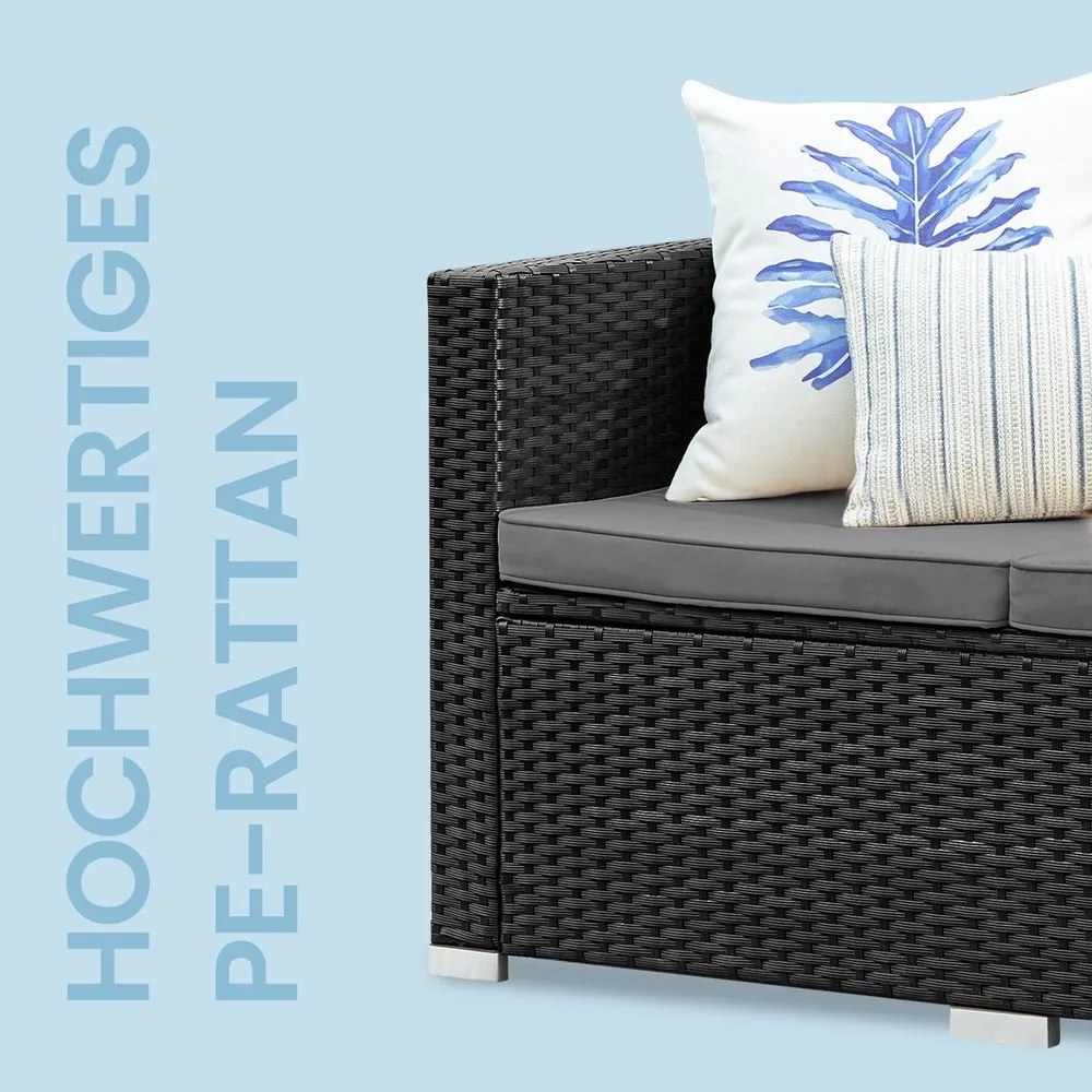 Conjunto de móveis de jardim, mobiliário de pátio em Polyrattan, mobiliário de varanda com almofadas e mesa de vidro Preto-cinzento