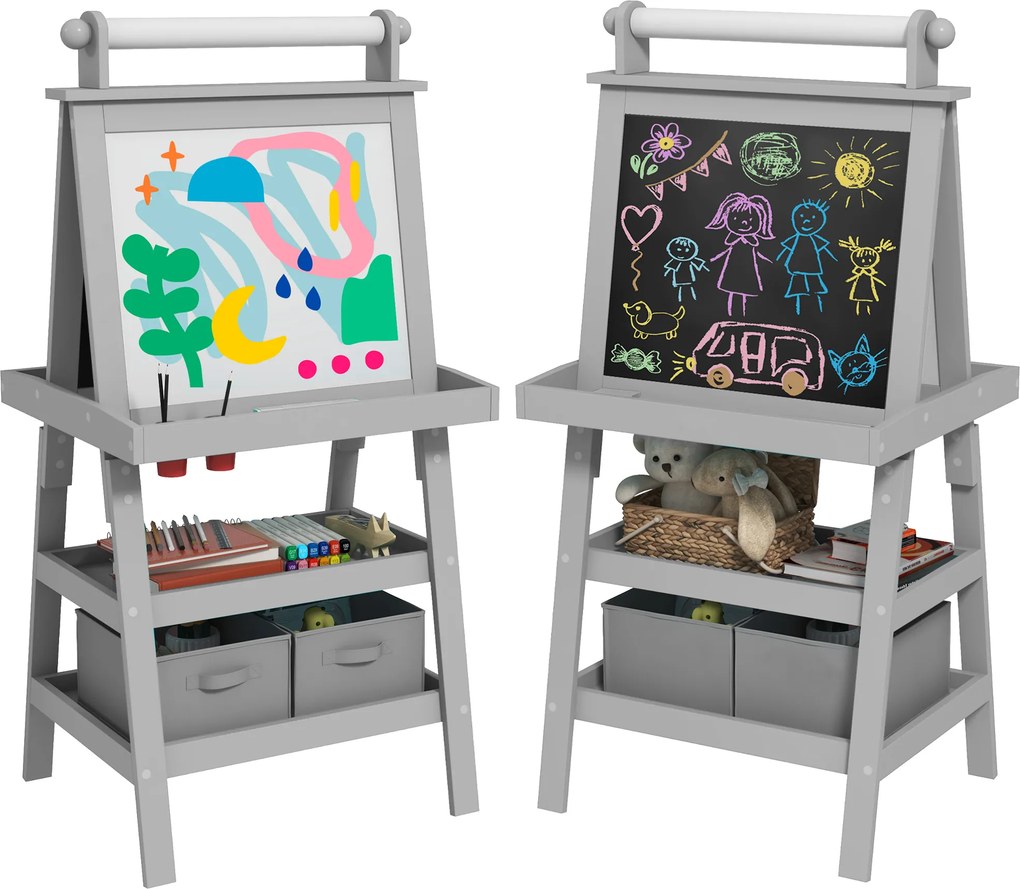 Cavalete de Pintura Infantil 3 em 1 Quadro Dupla Face com Rolo de Papel e Cestos de Arrumação Cinzento