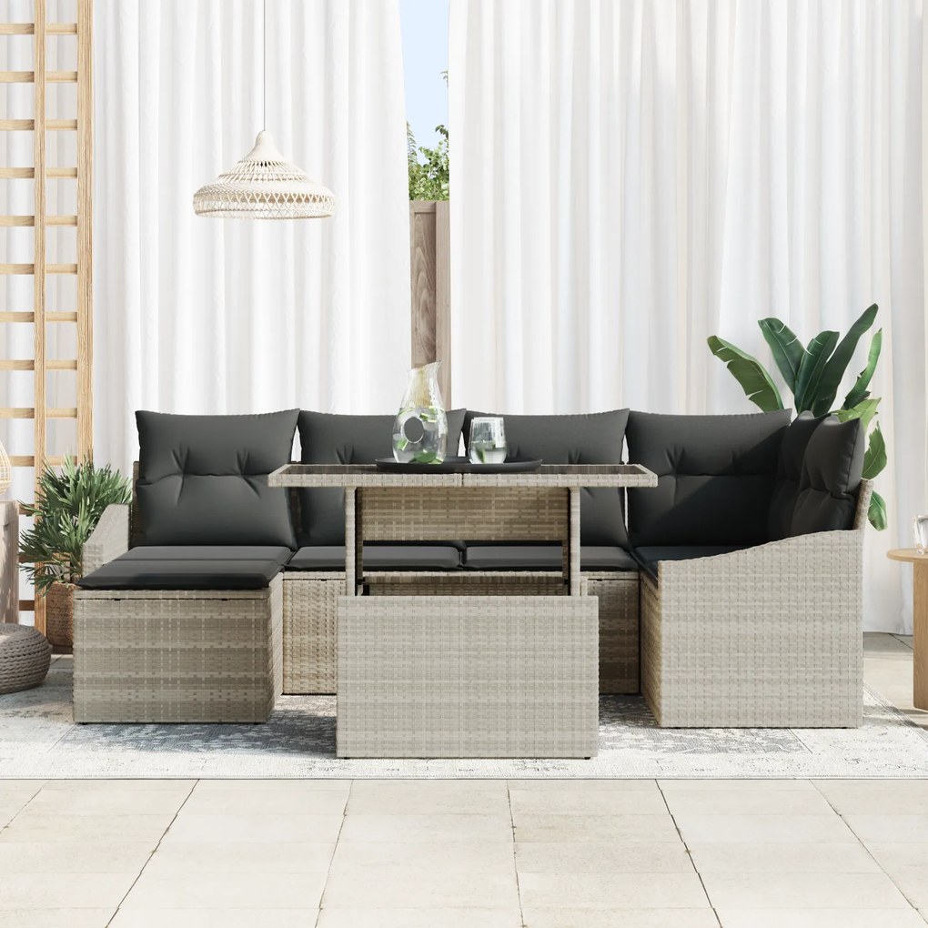 Conjunto de Sofá de Jardim de 7 Peças com Almofadas Cinza Claro em Pol