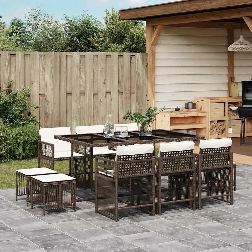 vidaXL 11 pcs conjunto jantar p/ jardim c/ almofadões vime PE castanho