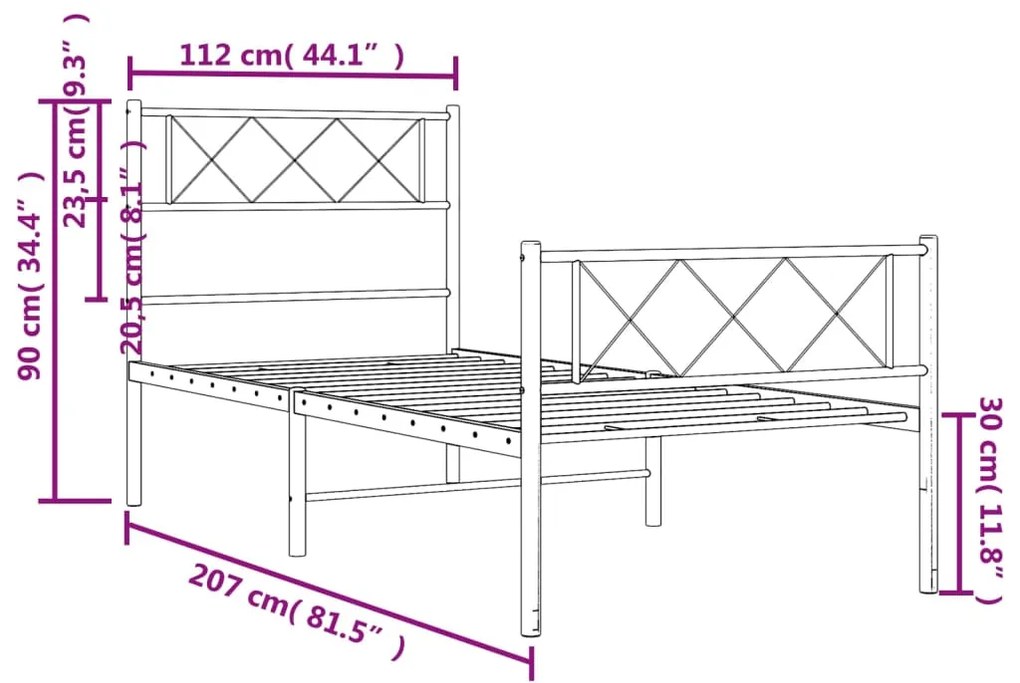 Estrutura de cama com cabeceira e pés 107x203 cm metal preto
